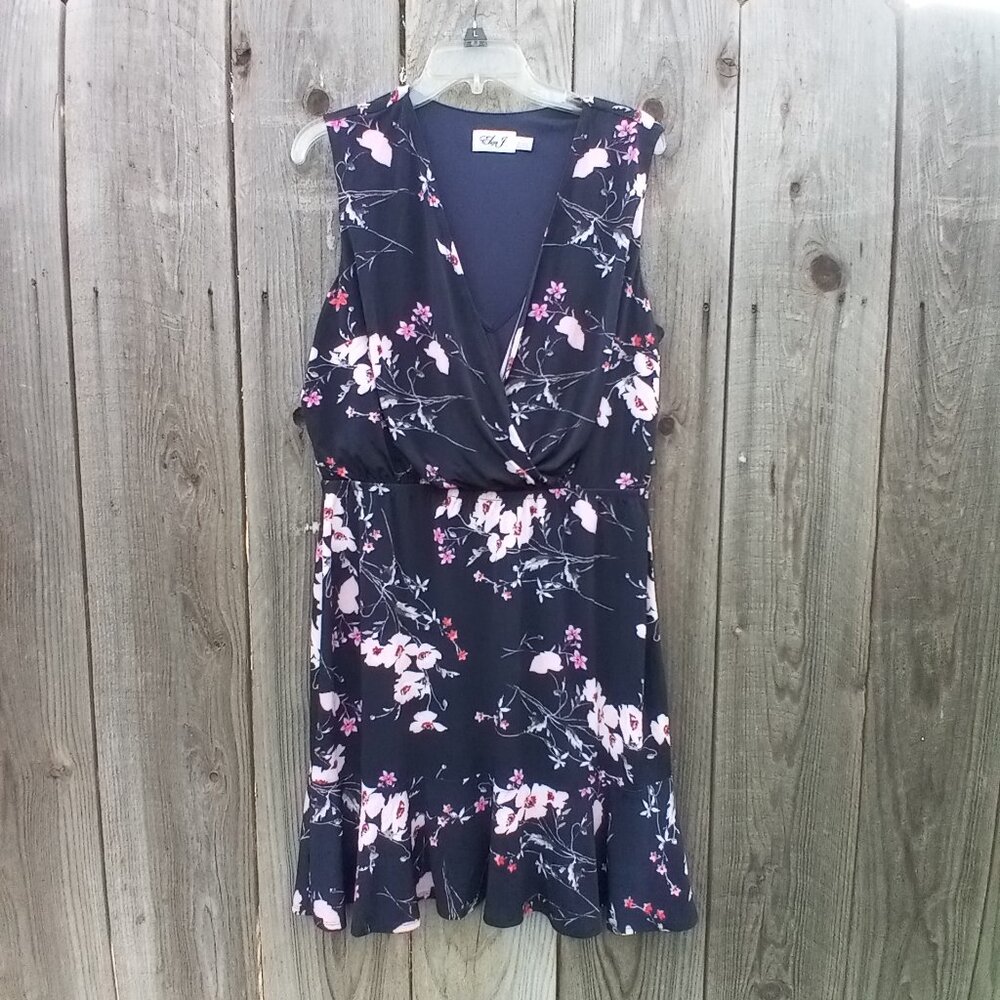 ELIZA J DRESS WOMENS SZ 14 BLUE FLORAL PRINT WRAP V NECK PULLOVER SLEEVELES